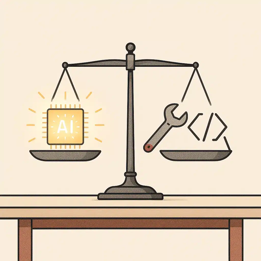 A balance scale on a desk with a glowing AI chip on one side and a wrench with code brackets on the other, evenly weighted.