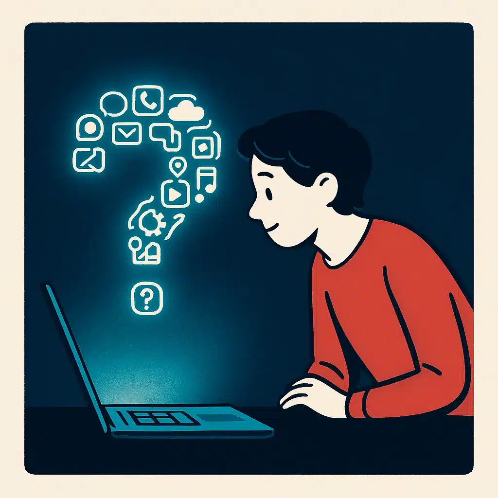 A glowing question mark made of app icons hovers above an open laptop as a person leans in with curiosity.