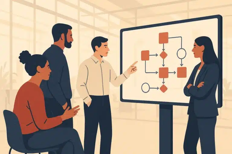 A focused operations team discusses a workflow diagram on a large touchscreen in a bright modern office.