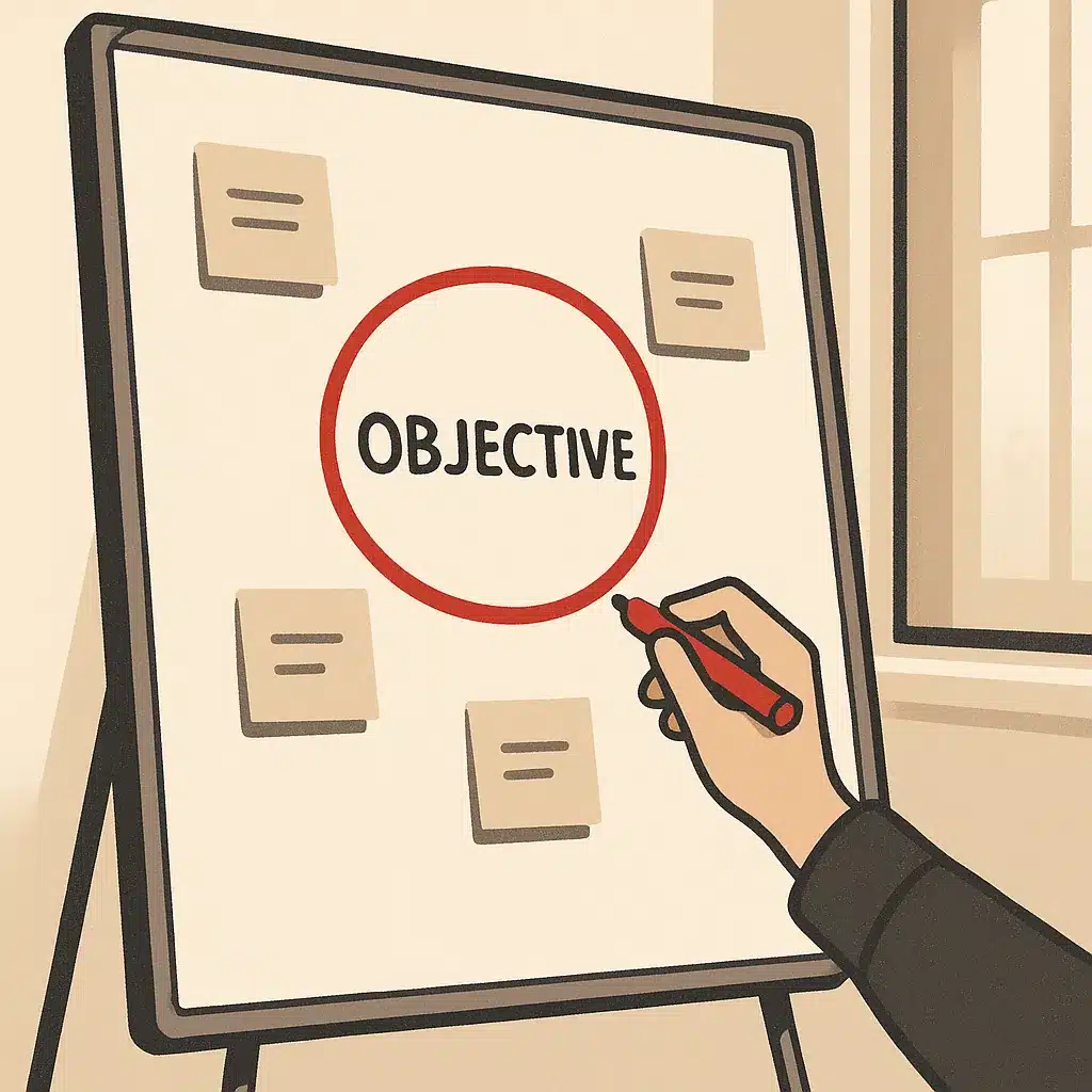 A whiteboard with a circled objective and sticky notes in a quiet meeting room, with a hand writing on it.