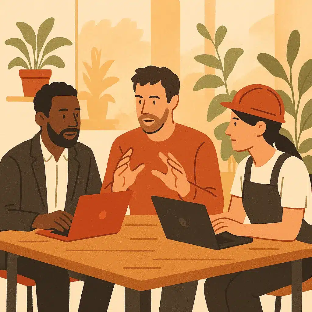 A business owner and two technical builders collaborate over laptops at a shared table in a warm co-working space.