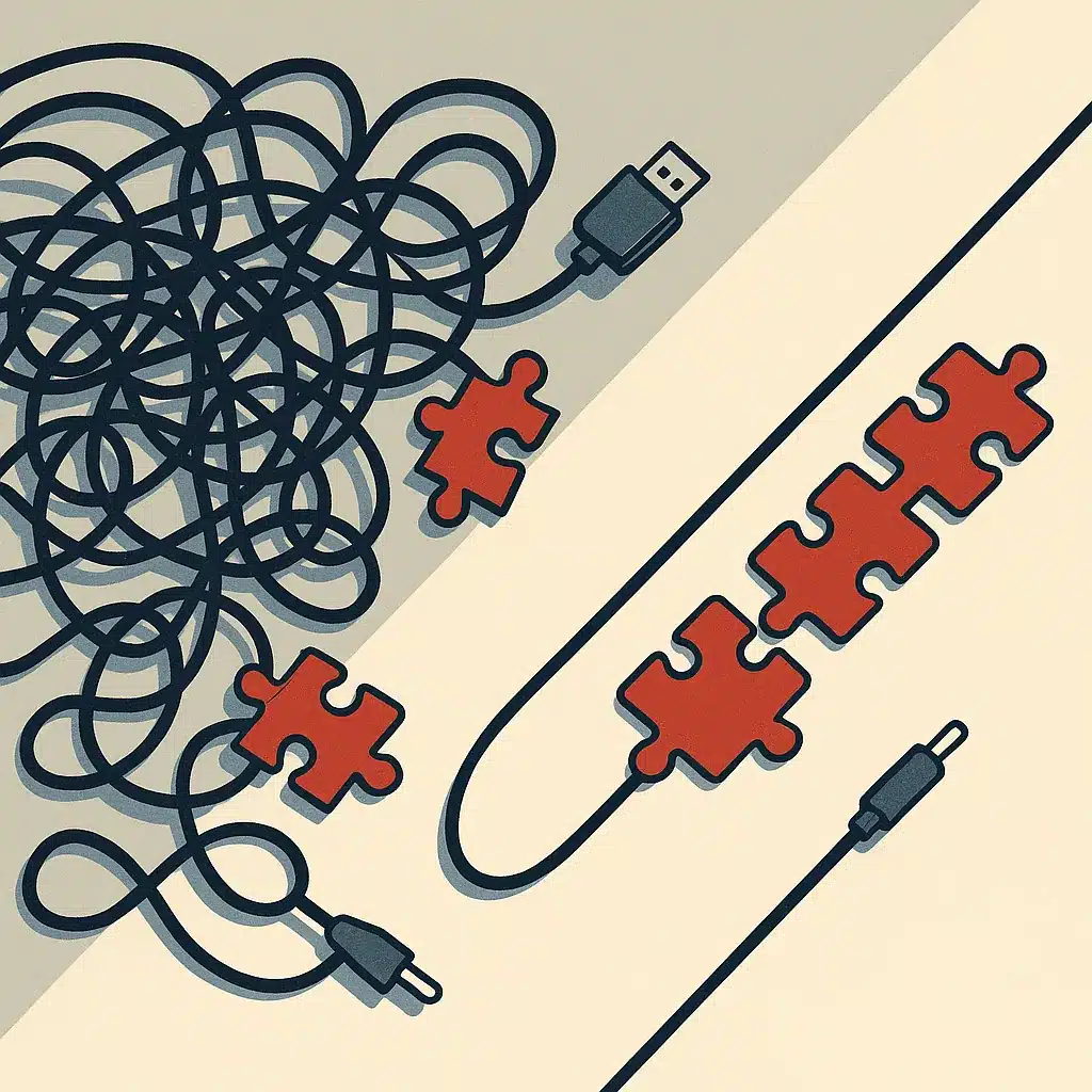 Tangled cables and disconnected puzzle pieces on a desk, with half organized into a clean line, illustrating chaos and order.