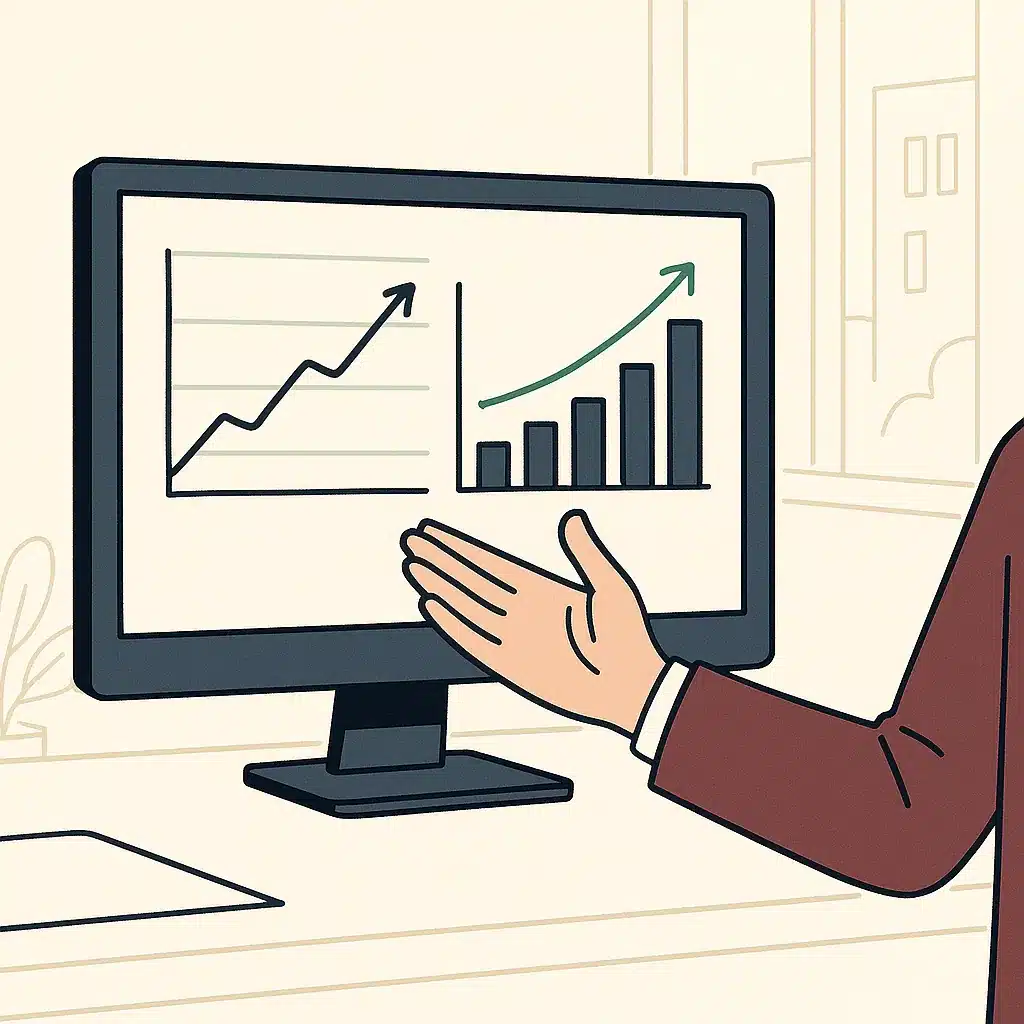 A monitor displays rising efficiency metrics and hours-saved charts, while a person's hand gestures toward an upward trend.