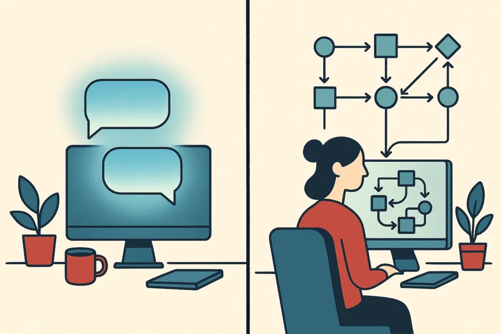 A split-screen illustration showing a chat bubble interface on one side and a web of connected system nodes on the other.