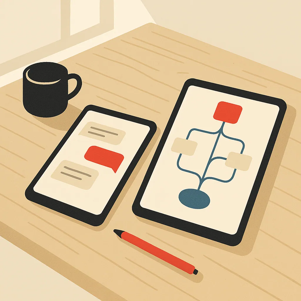A wooden desk with two tablets, one showing a chat interface and the other displaying a workflow diagram.