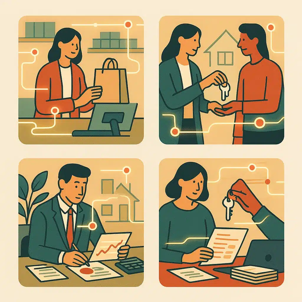 A grid of small scenes depicting various industries, including retail, real estate, and finance, with automation lines overlaying them.