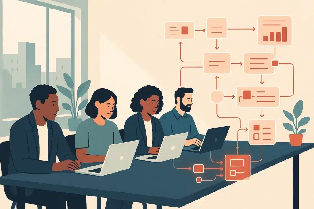 A diverse team collaborates at a long desk in a modern office with holographic workflow diagrams floating above their laptops.