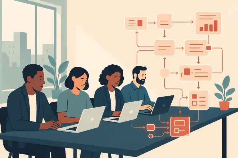 A diverse team collaborates at a long desk in a modern office with holographic workflow diagrams floating above their laptops.
