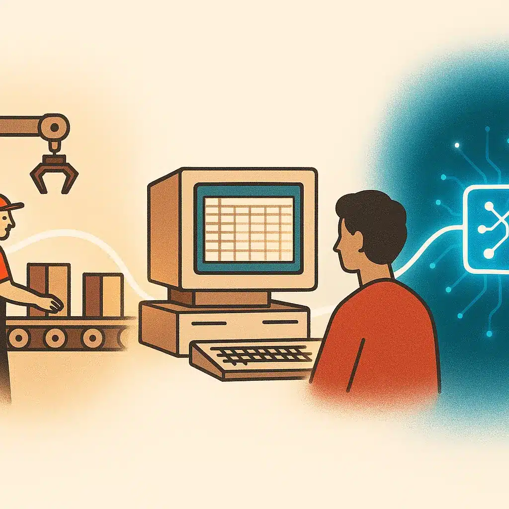 A timeline montage depicting the evolution of automation from a vintage factory conveyor belt to a modern AI neural-network node.