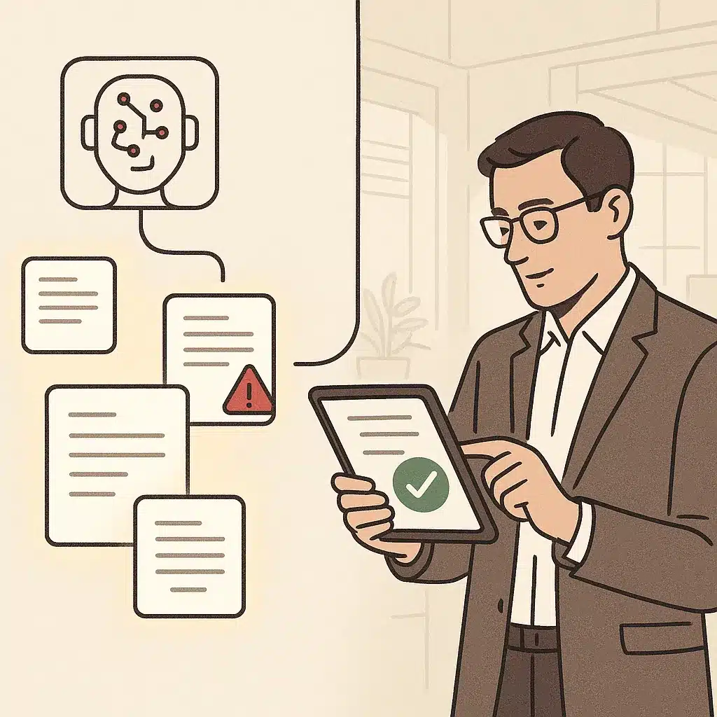 An AI system processes documents on the left while a professional reviews a flagged item on a tablet with a checkmark on the right.