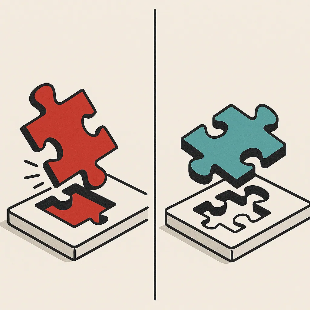 A generic puzzle piece is forced into a mismatched slot on the left, while a custom-fit piece slides perfectly into place on the right.