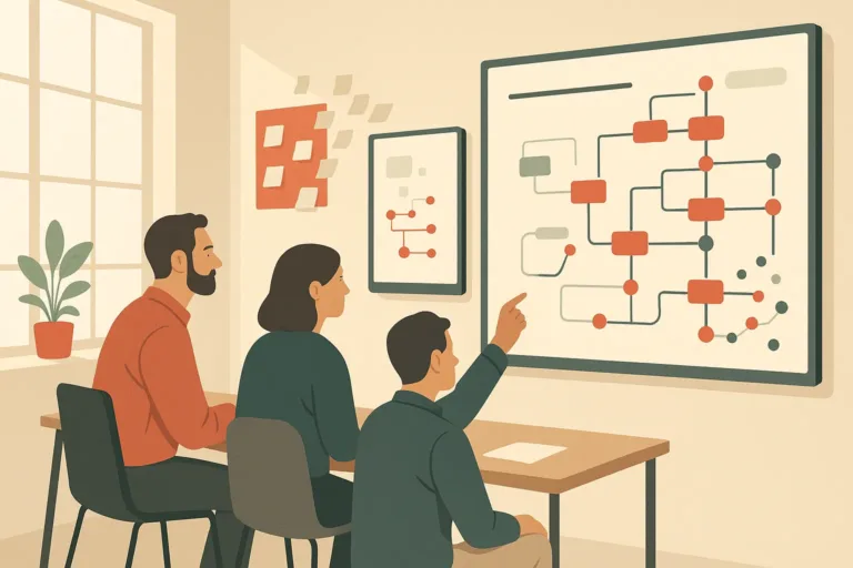 A founder and two team members review workflow dashboards on large screens in a modern small-business operations room.