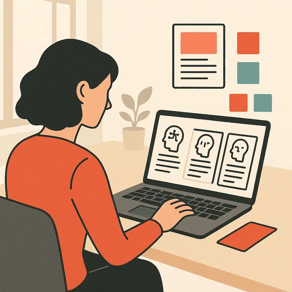 A content marketer reviews AI-generated drafts on a laptop at a clean desk with document mockups and color swatches nearby.