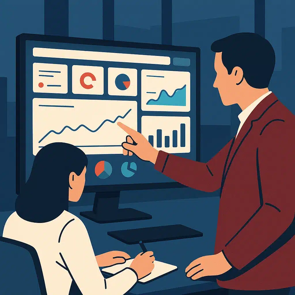 A manager points at a trend line on a business-intelligence dashboard while a colleague takes notes in a modern office.