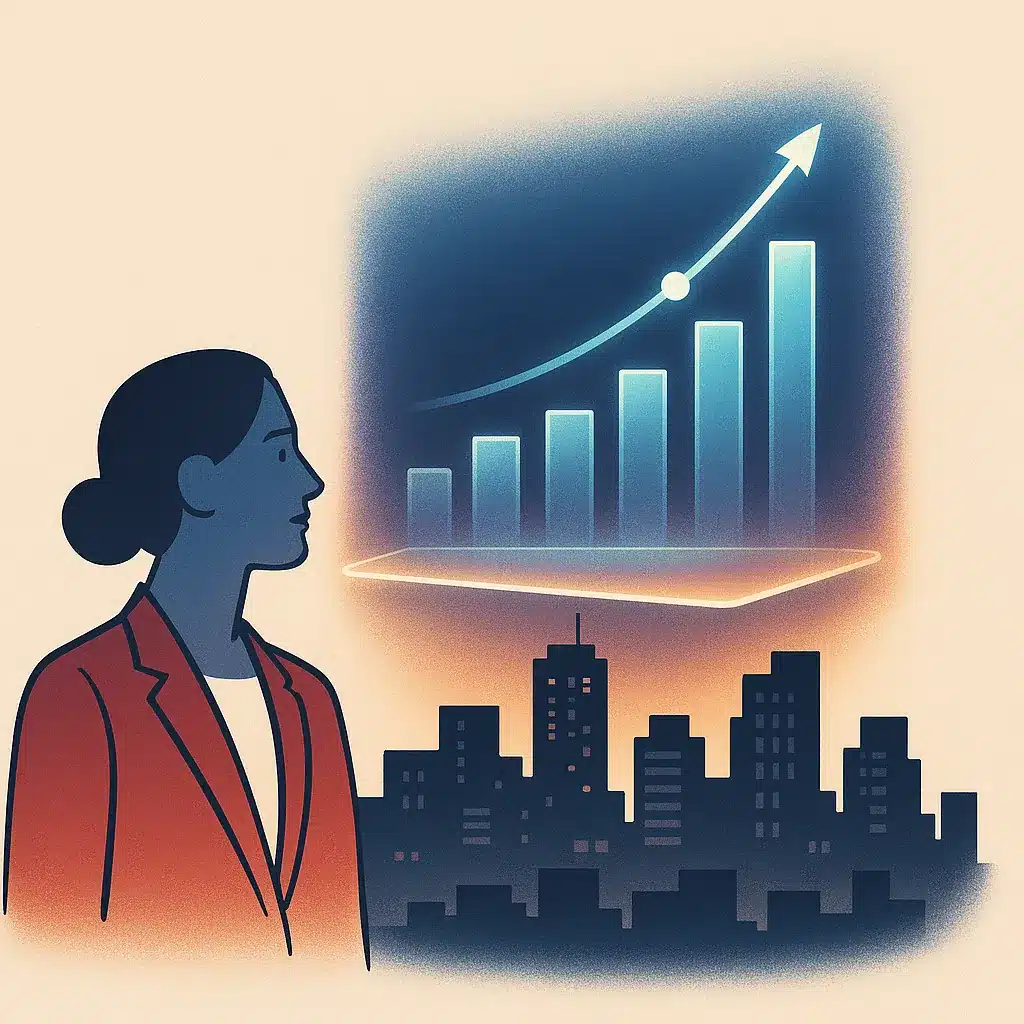 Upward-trending bar and line graphs overlay a stylized business district skyline at dusk, illustrating 2026 AI adoption trends.