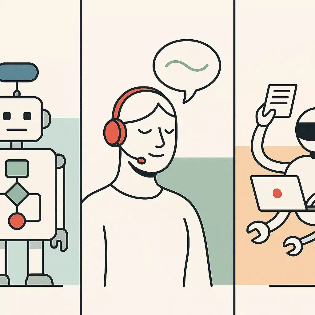 A three-panel comparison features a flowchart robot, a conversational AI figure, and a multi-armed agent completing tasks.