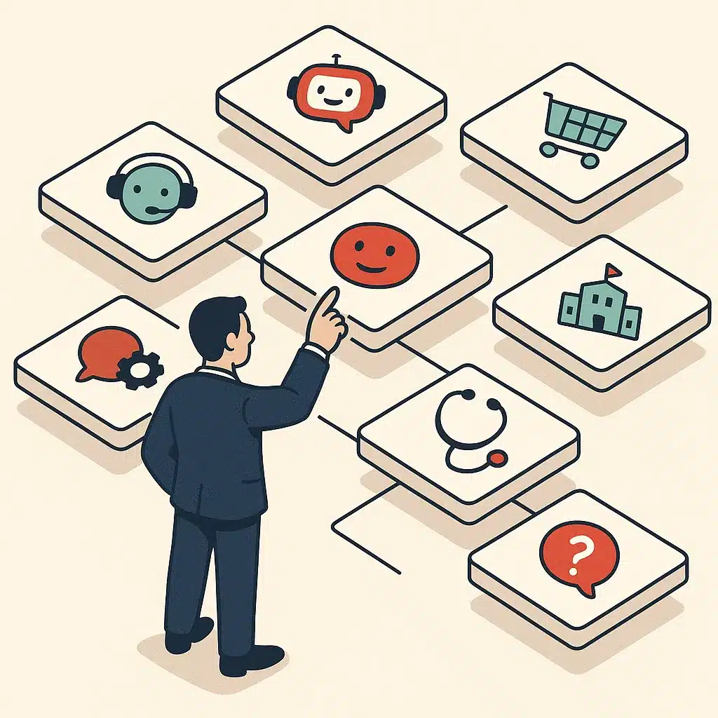 A central business user selects from an organized grid of floating platform cards representing various chatbot categories.