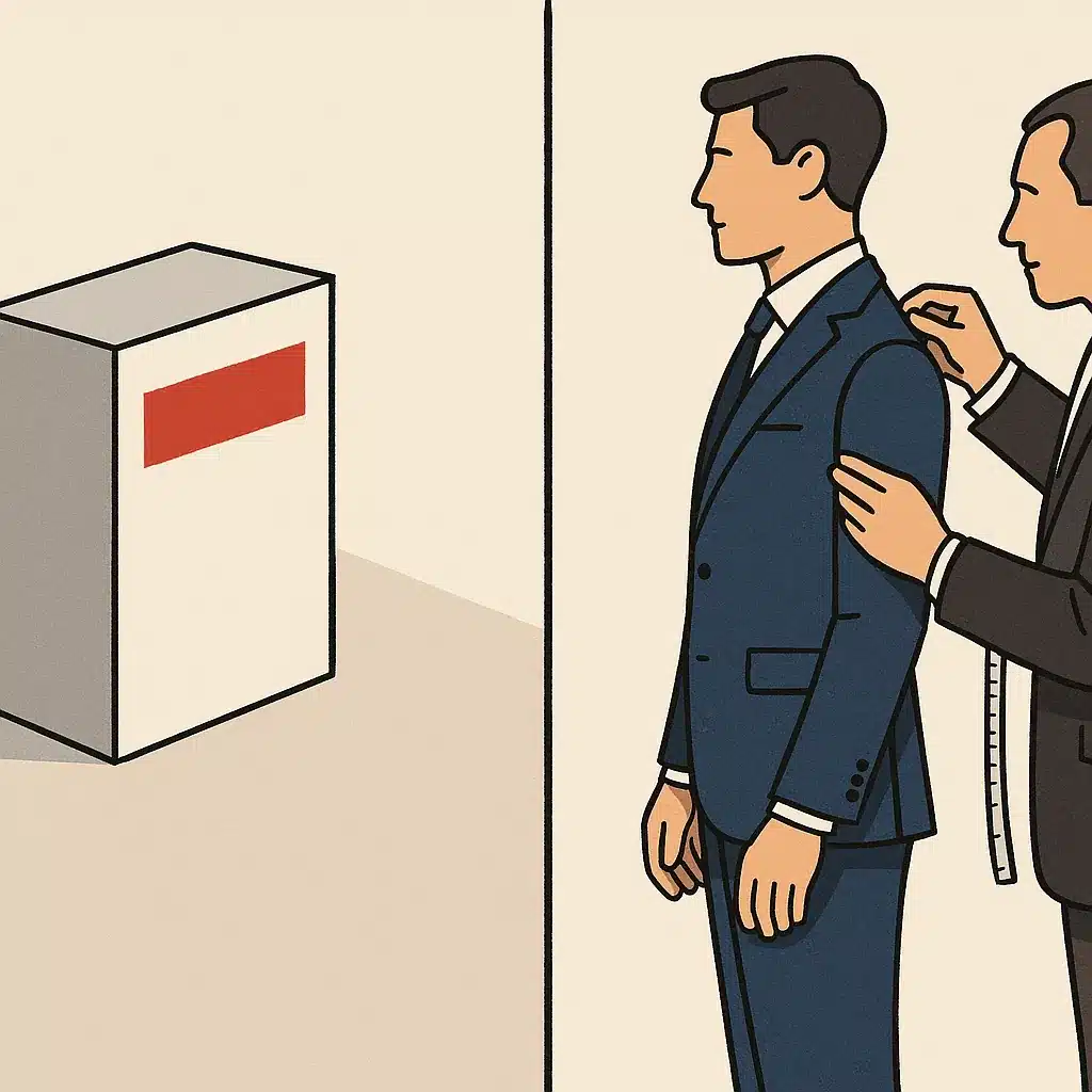 A boxed software product is shown on one side, while a business professional is being fitted for a tailored suit on the other.