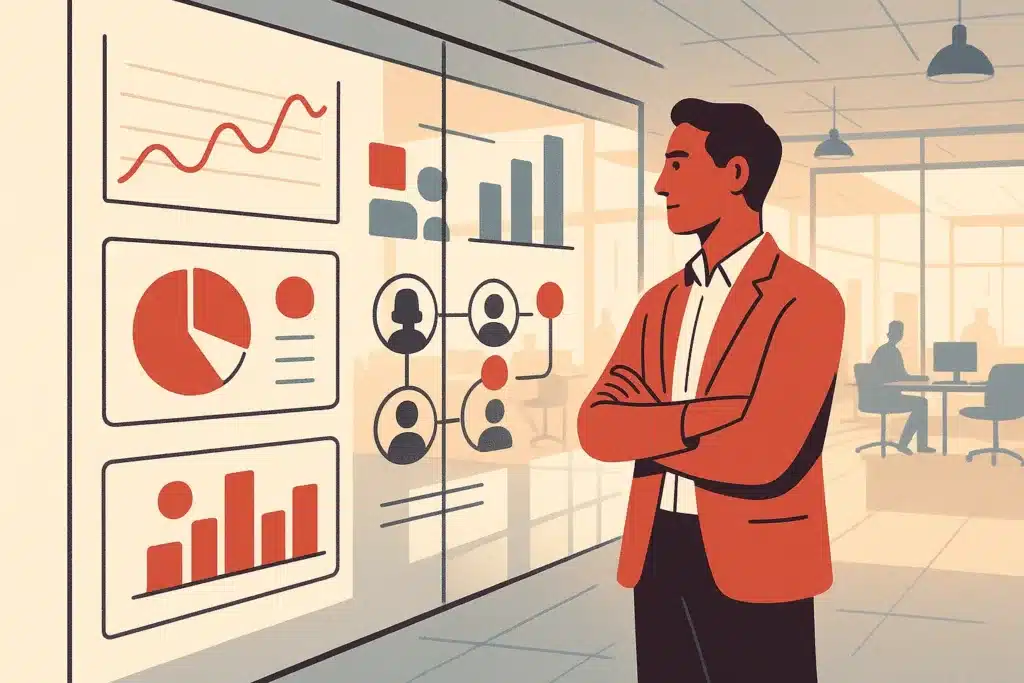 A marketing operator stands by a glass wall displaying campaign dashboards and data streams in a modern office.