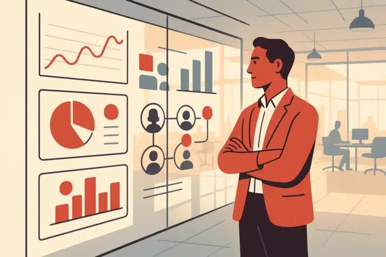 A marketing operator stands by a glass wall displaying campaign dashboards and data streams in a modern office.