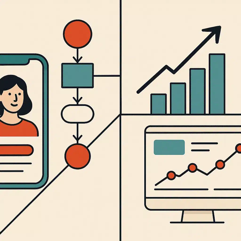 Four interconnected panels displaying a personalized phone screen, an automated workflow diagram, a growth chart, and a campaign dashboard.