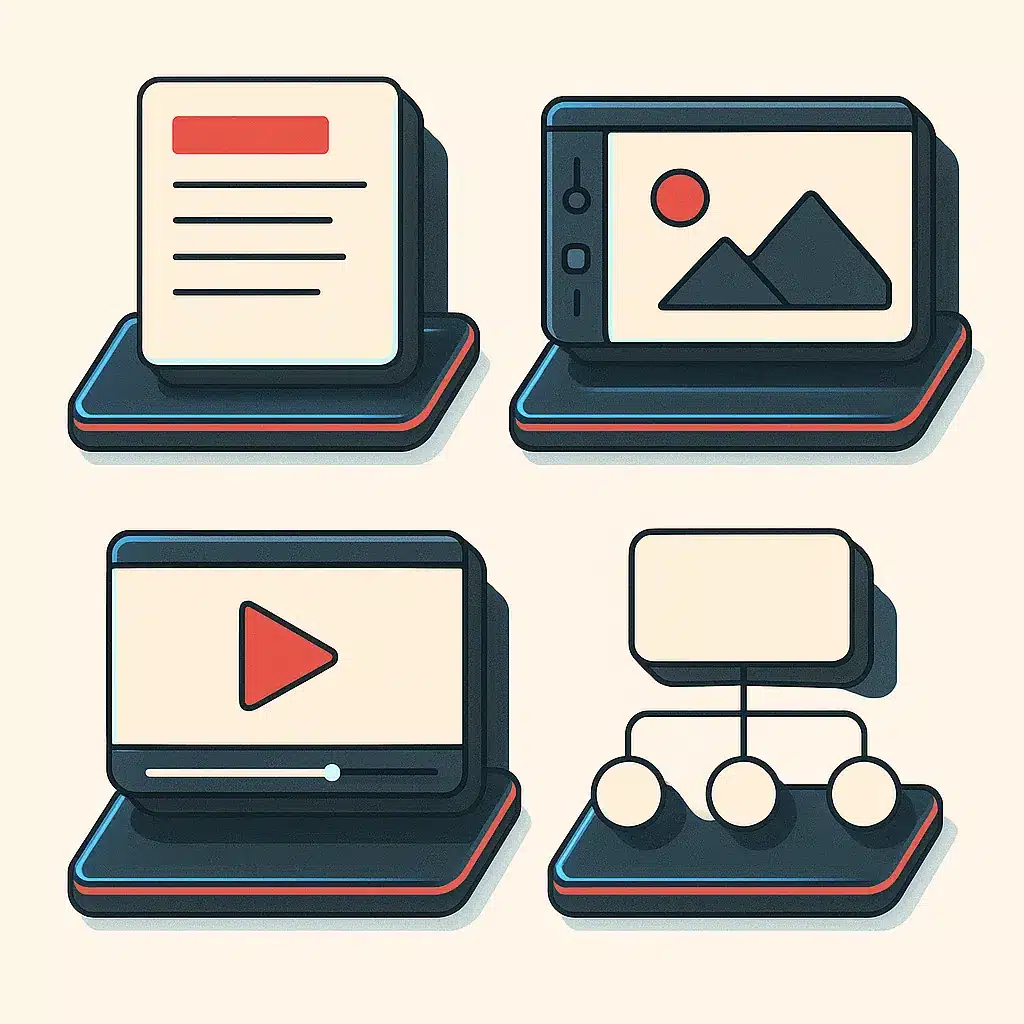 Four labeled modular stations representing AI tool categories: a text document, an image canvas, a video timeline, and a workflow diagram.