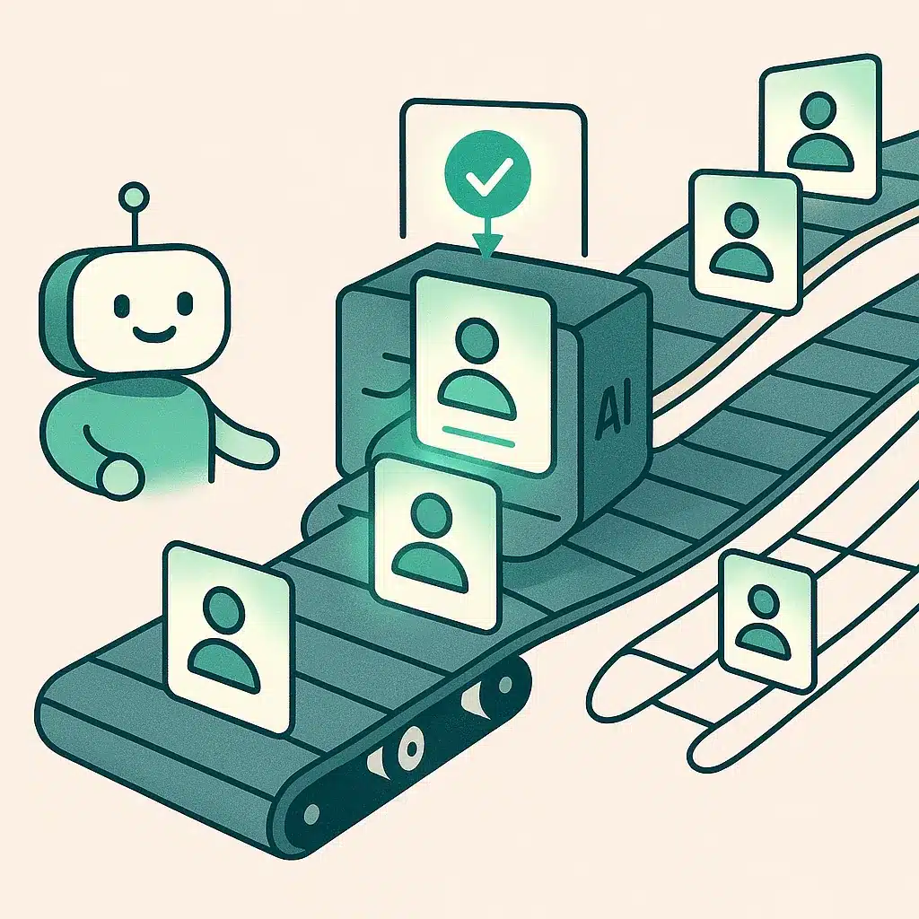 A conveyor belt sorts glowing lead cards into priority lanes, with a chatbot interface at the entry point.