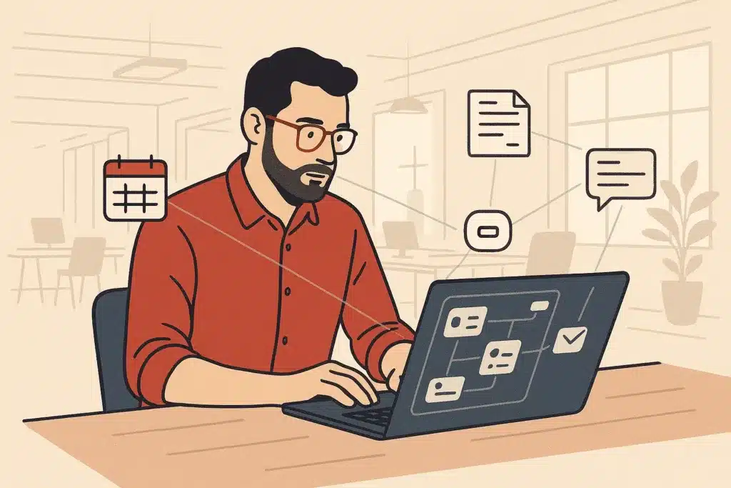 A small business owner reviews a dashboard of workflows on a laptop in a bright, modern open-plan office.