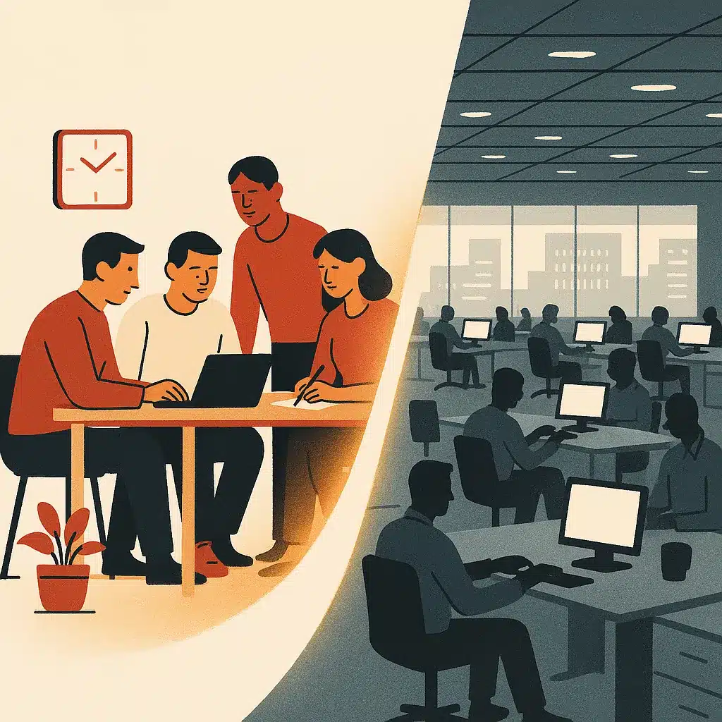 A small team of three works in a tidy workspace, while a large corporate operations floor is visible on the other side.