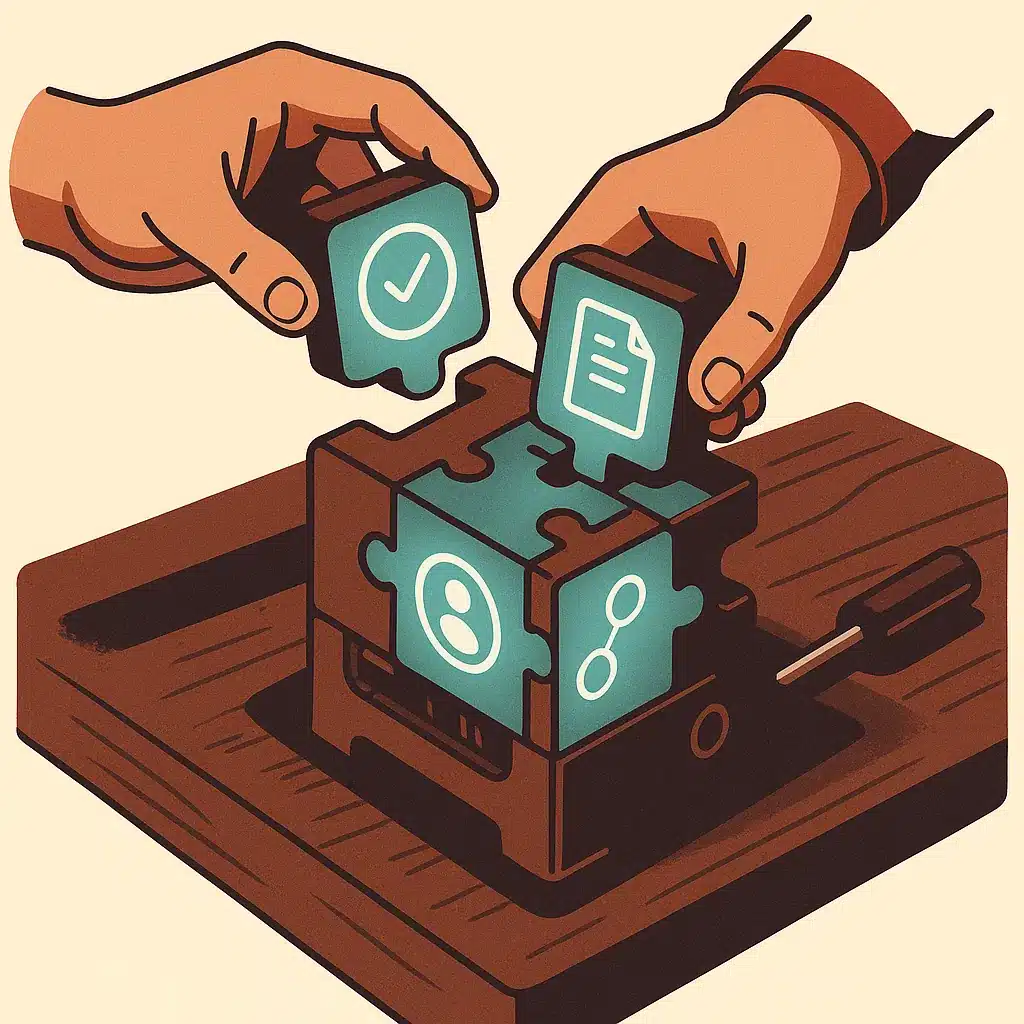 Hands assembling glowing puzzle-like components labeled with workflow icons on a workshop bench.