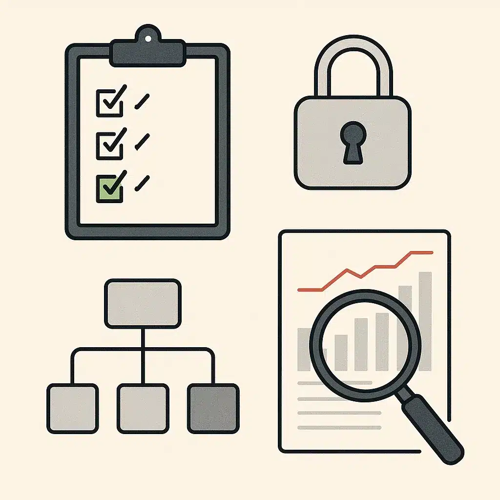 A flat-lay of a decision desk featuring a checklist, padlock icon, system diagrams, and a magnifying glass over data charts.
