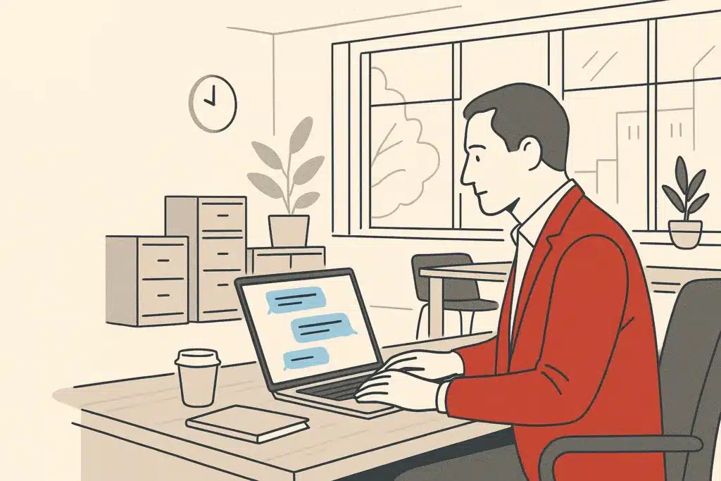 A business owner reviews a laptop screen displaying a conversation interface in a modern office with large windows.