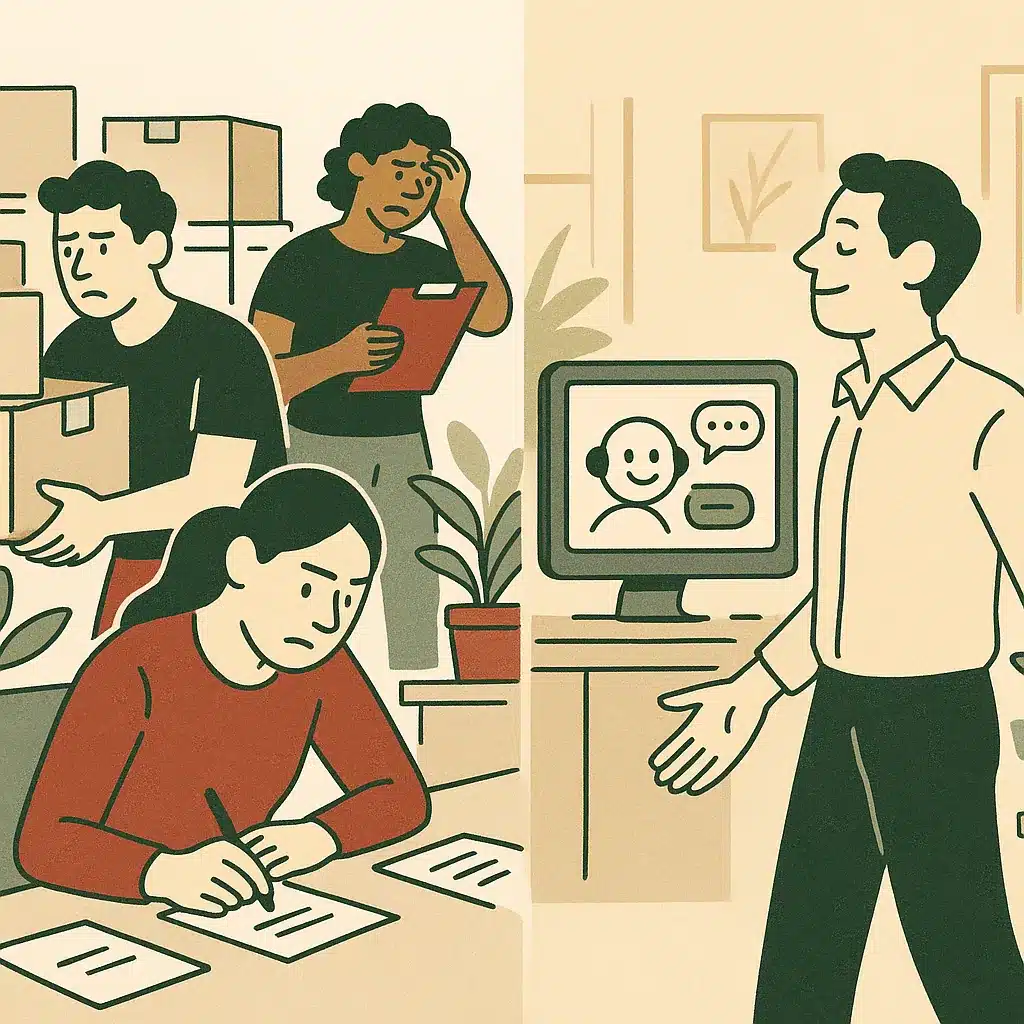 A team member steps back from a desk while a screen manages routine queries in a busy office environment.