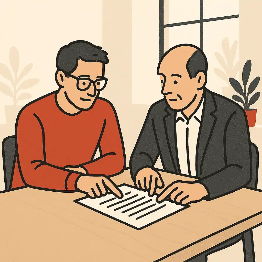 A founder and an advisor review a printed list of tasks at a table, pointing at items to automate in a collaborative office.