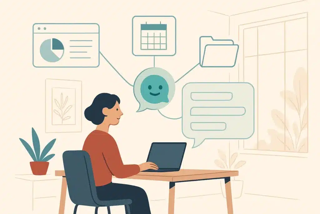 A small-business office with a chat interface overlay connected to a CRM dashboard, calendar, and document folder.