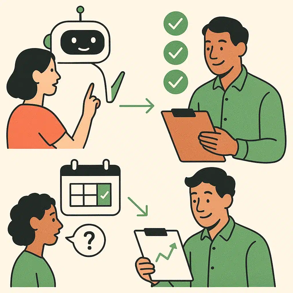A split-scene showing a chatbot qualifying a lead, confirming a booking, answering a question, and a happy business owner reviewing results.