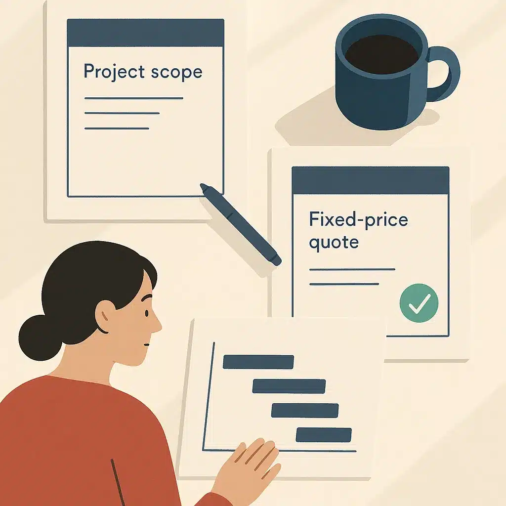 A project scope document, a fixed-price quote, and a timeline chart are neatly arranged on a desk.