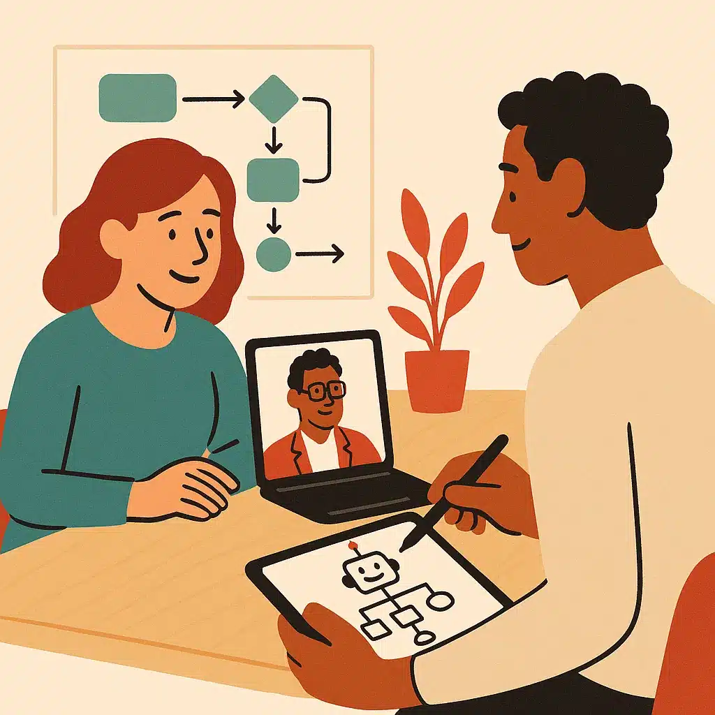 Two professionals engaged in a video call, one sketching a chatbot workflow on a tablet while reviewing a diagram.