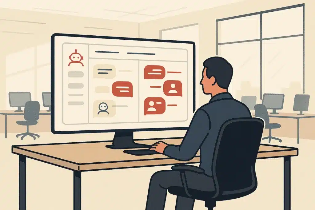 A modern support operations room with an operator reviewing a dashboard displaying resolved conversations between an assistant and humans.