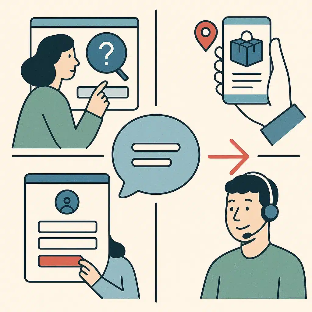 A central chat bubble surrounded by an FAQ lookup, order-tracking screen, lead-capture form, and a smiling human agent.