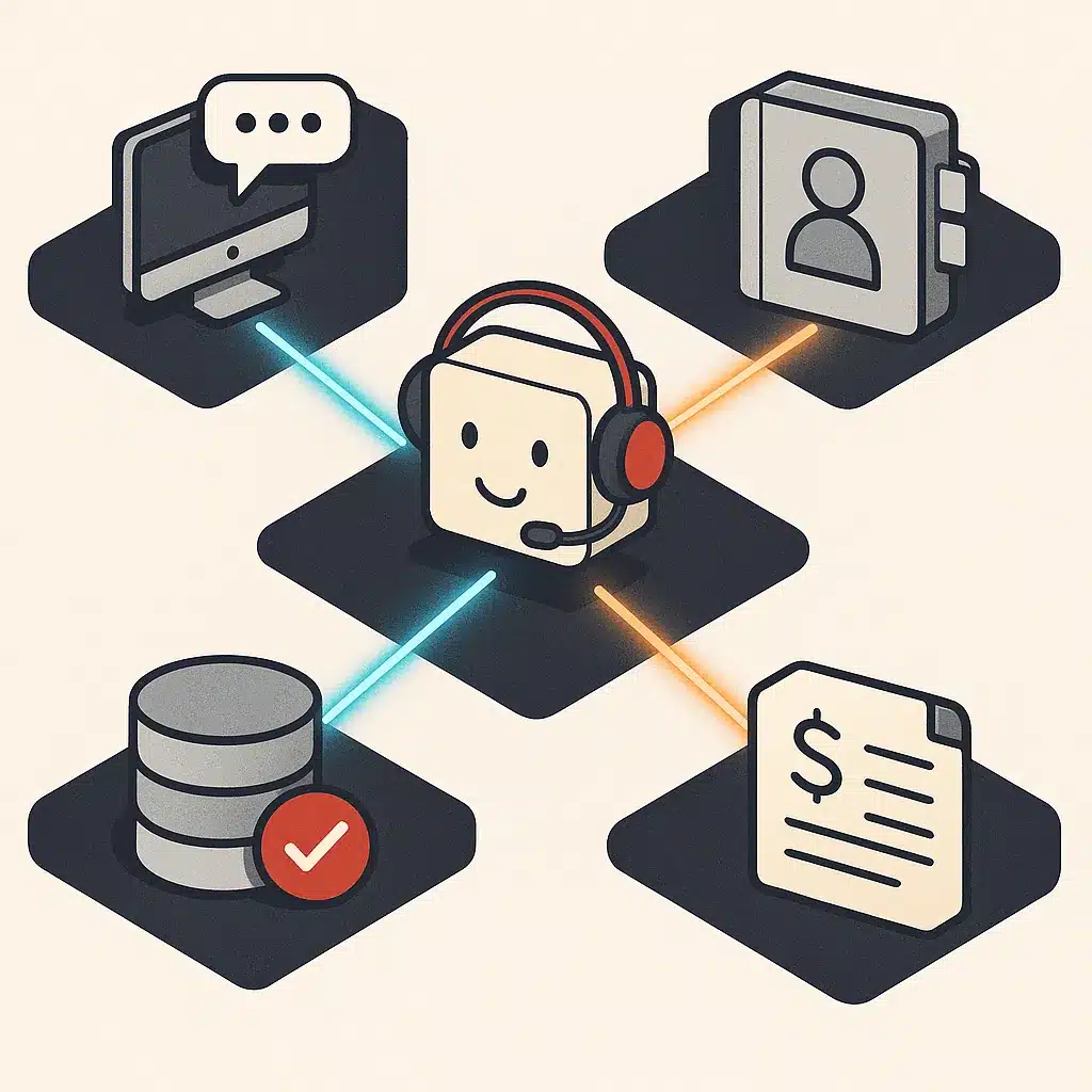 A central chat assistant node connected by lines to icons for helpdesk, CRM, order database, and billing platform.