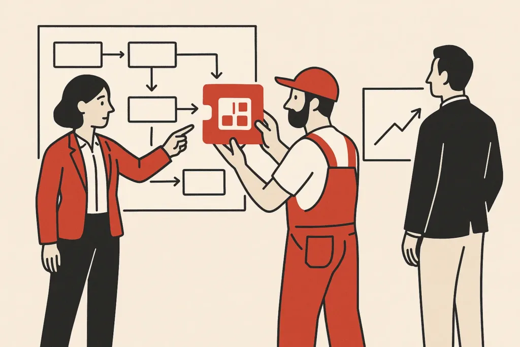 A fractional COO points at a gap in a process flow map while a builder inserts a software piece, with a business owner observing.