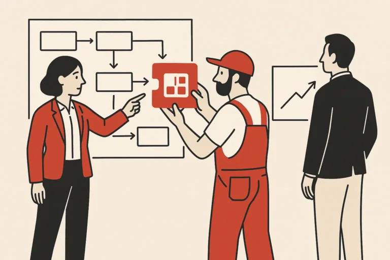 A fractional COO points at a gap in a process flow map while a builder inserts a software piece, with a business owner observing.