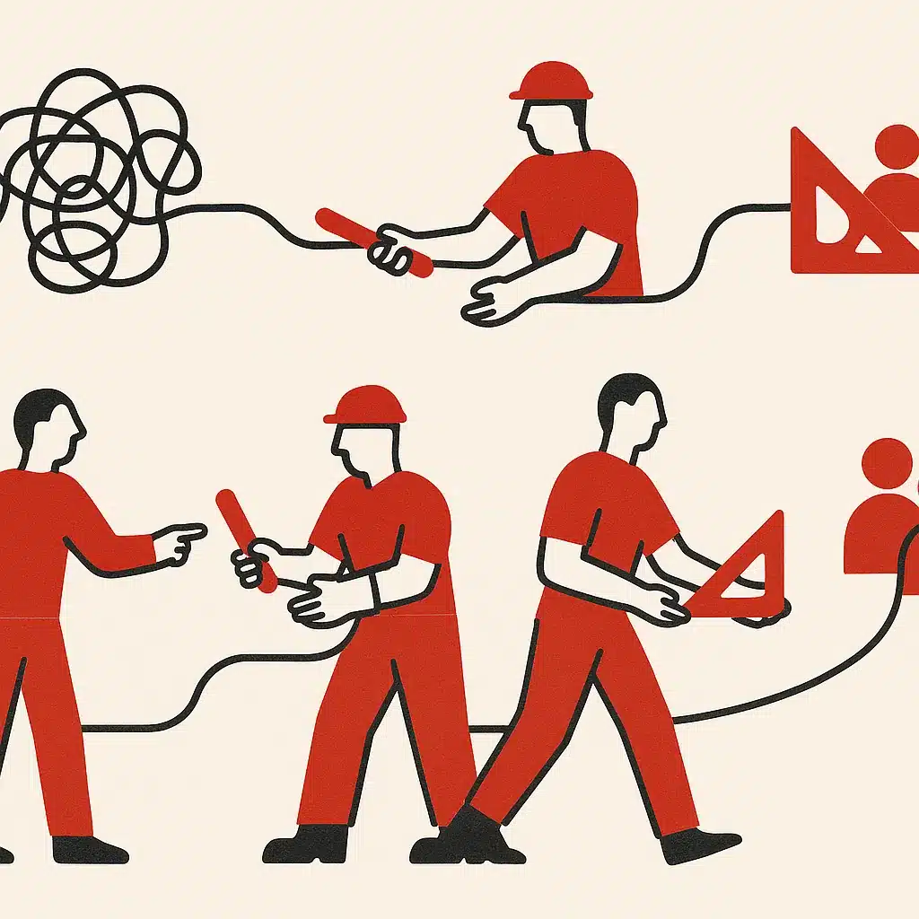 A sequence of four figures illustrates a workflow process, transforming a knot into a geometric tool for a waiting team.