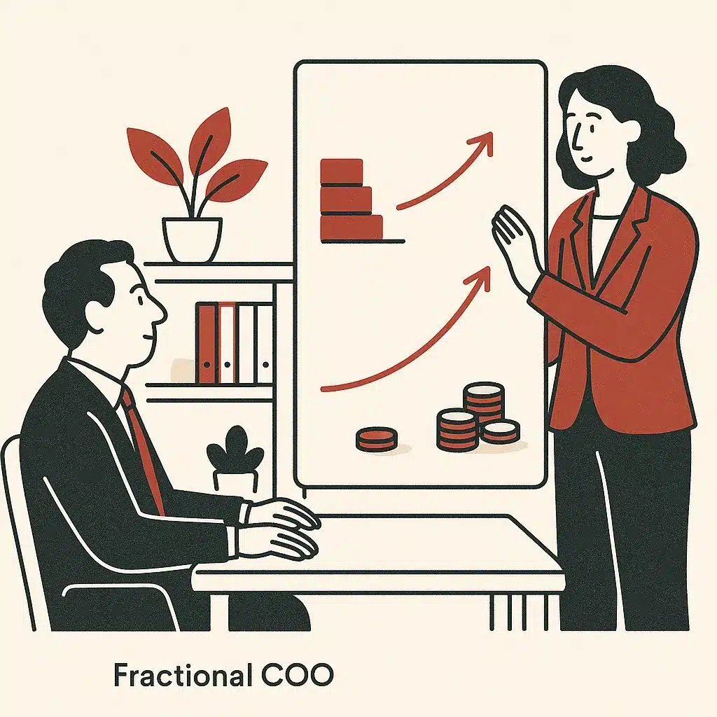 A fractional COO presents a results board with blocks, a rising path, and coins to a seated business owner in a tidy office.