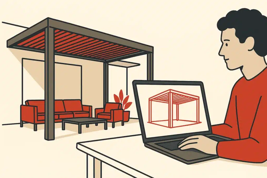 A modern aluminum louvered-roof patio structure over an outdoor seating area with a wireframe version displayed on a laptop screen.