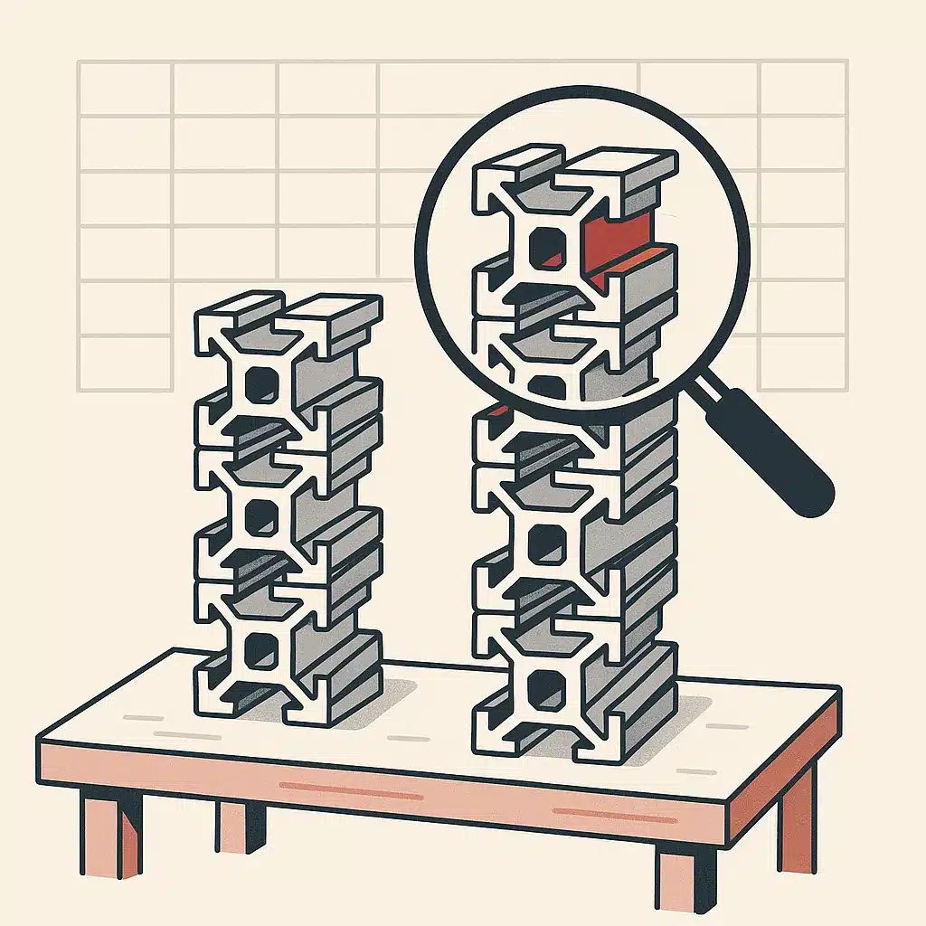 Two columns of stacked aluminium extrusion profiles on a workbench, with a magnifying glass over the taller stack highlighting a red piece.
